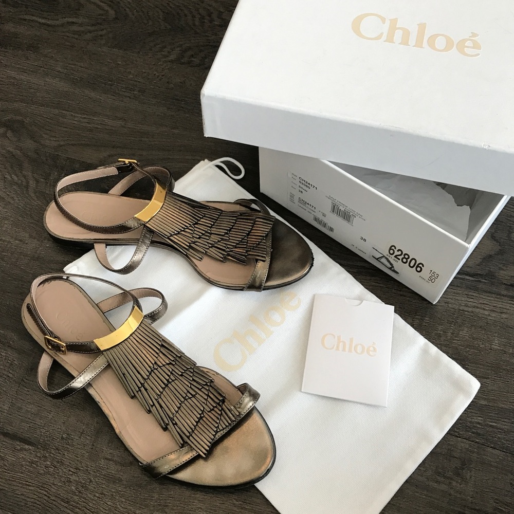 $185 CHLOE CASSE FRINGE SANDALS in ANTIK GOLD 38